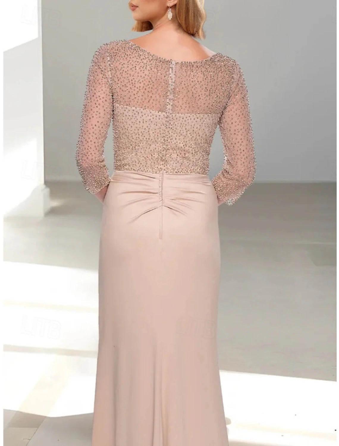 Buyishang Mermaid / Trumpet Dress Mother of the Bride Dress Elegant V Neck Floor Length Satin 3/4 Length Sleeve with Pleats Beading Ruffles